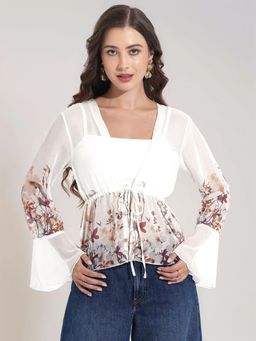 Twenty Dresses by Nykaa Fashion - Womens Floral Printed Bell Sleeve Chiffon Peplum Top