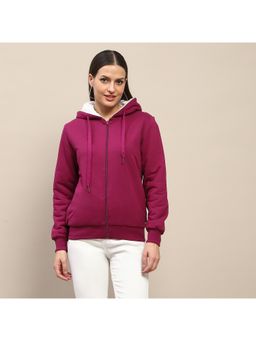 Madame - Fur Hood Metal Detailed Plum Zipped Hoodie for Women