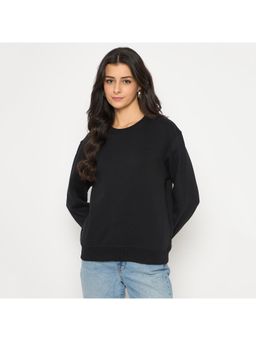 Madame - Cotton Blend Solid Black Sweatshirt for Women