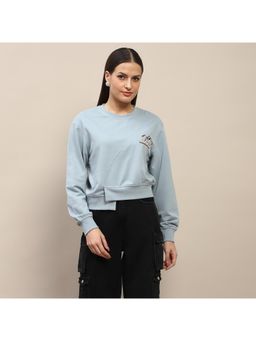 Madame - Cotton Embroidery Detailed Light Sky Crop Sweatshirt for Women