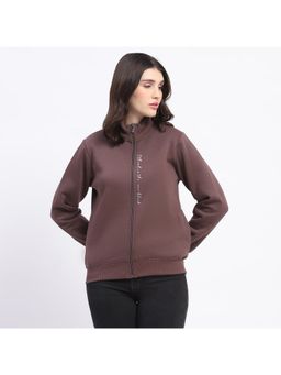 Madame - Placement Printed Zipped Brown Sweatshirt for Women
