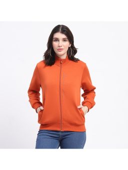 Madame - Placement Printed Zipped Orange Sweatshirt for Women