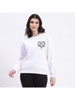 Madame - Fleece Placement Print Handworked White Sweatshirt for Women