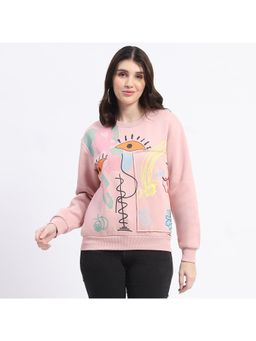 Madame - Fleece Patched and Placement Print Dusty Pink Sweatshirt for Women