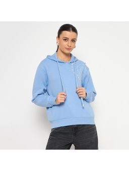 Madame - Cotton Blend Printed Powder Blue Hoodie for Women