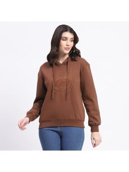 Madame - Fleece Embroidered Closed Brown Hoodie for Women