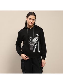 Madame - Fleece Placement Print Black Hoodie for Women
