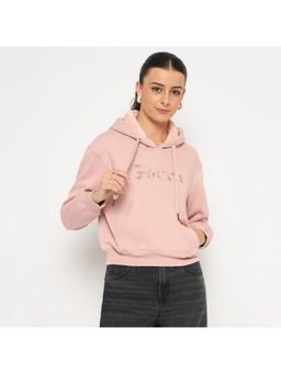 Madame - Fleece Placement Printed Handwork Detailed Dusty Pink Hoodie for Women