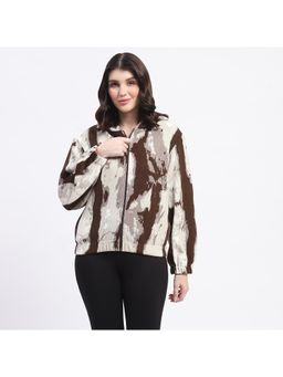 Madame - Abstract Print Zipped Brown Hoodie for Women