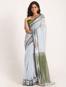 Angoshobha - Kotki Border Light Blue Cotton Blended Handloom Saree with Unstitched Blouse