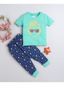 Bumzee - Green & Navy Boys Half Sleeves T-Shirts & Joggers (Set of 2)