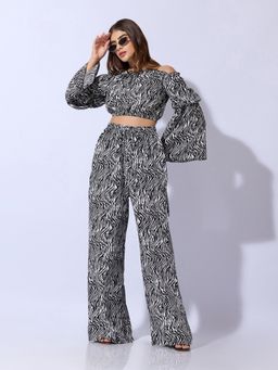 SHOWOFFFF - Black Viscose Rayon Printed Crop Top with Trouser