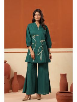 Jisora - Green Cotton Embroidered Top with Pant
