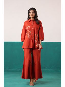 Jisora - Rust Cotton Embroidered Shirt with Pant