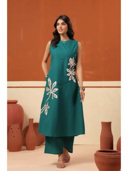 Jisora - Teal Cotton Embroidered Top with Pant