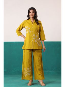 Jisora - Mustard Cotton Embroidered Shirt with Pant
