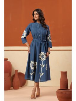 Jisora - Blue Cotton Embroidered Dress with Belt