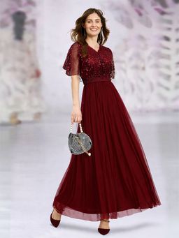 Martini - Maroon Net Embellished Dress