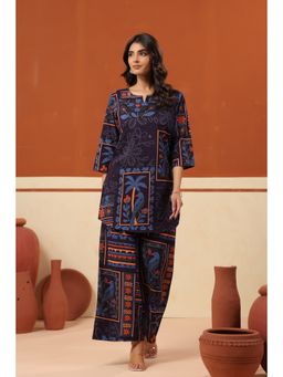 Jisora - Blue Cotton Printed Top with Pant