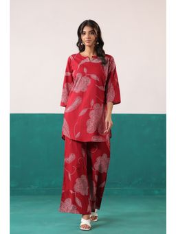 Jisora - Maroon Cotton Printed Top with Pant