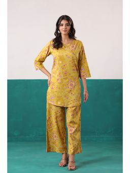 Jisora - Mustard Cotton Printed Top with Pant