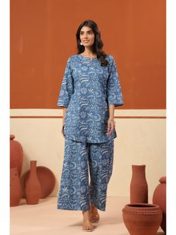 Jisora - Blue Cotton Printed Top with Pant
