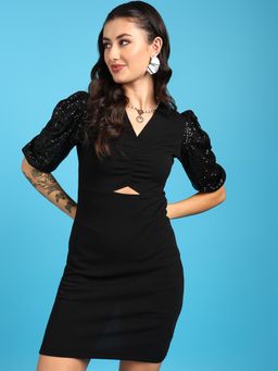 Saffe - Black Polyester Blend Textured Dress