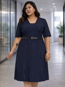 Martini - Blue Viscose Rayon Stripes Dress with Belt