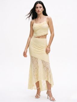Outzidr - Yellow Polyester Self Design Crop Top with Skirt