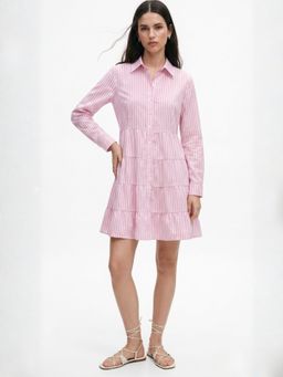 Outzidr - Pink Polyester Stripes Dress