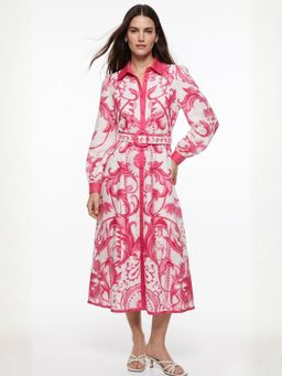 Outzidr - Pink Polyester Floral Dress with Belt