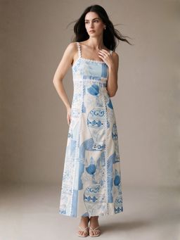 Outzidr - Blue Polyester Printed Dress