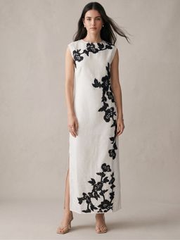 Outzidr - Off White Polyester Floral Dress