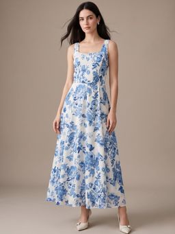 Outzidr - Blue Polyester Floral Dress