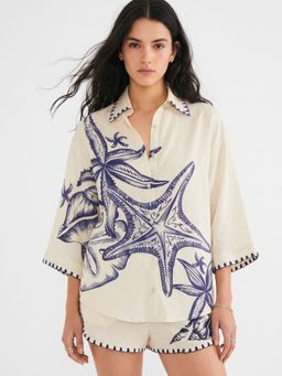 Outzidr - Cream Polyester Printed Shirt with Shorts