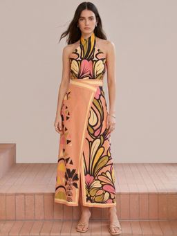 Outzidr - Peach Polyester Printed Top with Skirt