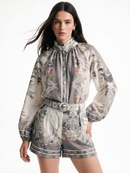 Outzidr - Grey Polyester Printed Top With Shorts & Belt