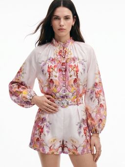 Outzidr - Off White Polyester Printed Top With Shorts & Belt