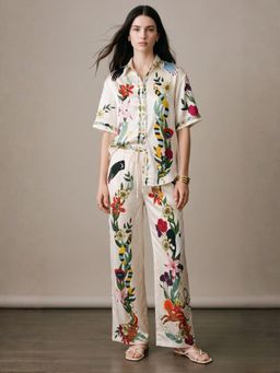 Outzidr - Off White Polyester Printed Shirt With Pant
