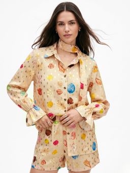 Outzidr - Beige Polyester Printed Shirt With Shorts