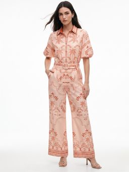 Outzidr - Peach Polyester Floral Jumpsuit & Belt