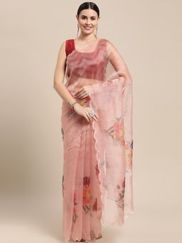 Vastranand - Peach Organza Floral Print Party Wear Saree with Unstitched Blouse