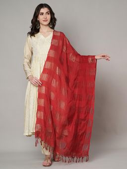 MUFFLY - Women Red Cotton Self Design Dupatta