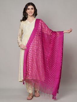 MUFFLY - Women Pink Cotton Checks Dupatta