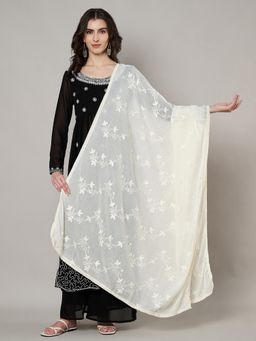 MUFFLY - Women White Cotton Floral Dupatta