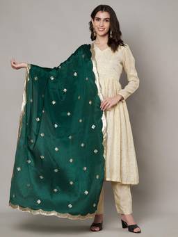 MUFFLY - Women Green Chiffon Embellished Dupatta