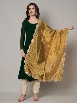 MUFFLY - Women Mustard Silk Embroidered Dupatta