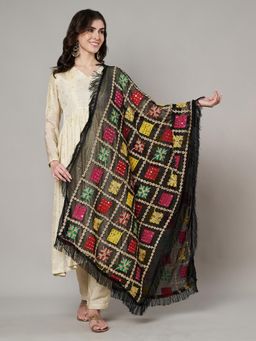 MUFFLY - Women Black Chiffon Embroidered Dupatta
