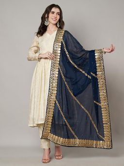 MUFFLY - Women Blue Silk Embellished Dupatta