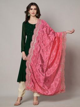 MUFFLY - Women Pink Silk Embroidered Dupatta
